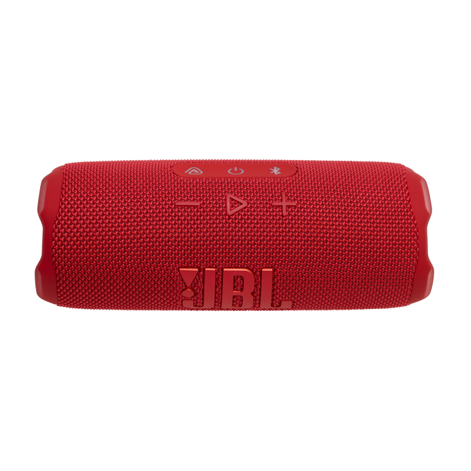 Altavoz portátil JBL rojo con botones de control y logotipo sobre fondo negro.