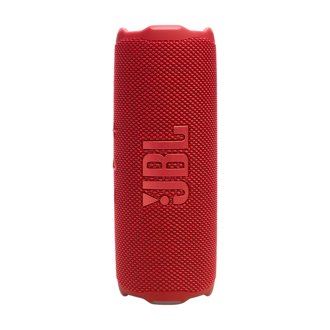 Un altavoz JBL rojo y cilíndrico. El logotipo de JBL es blanco. El altavoz tiene una textura similar a una malla.