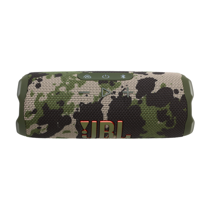 Un altavoz JBL con estampado de camuflaje y logotipo JBL naranja.