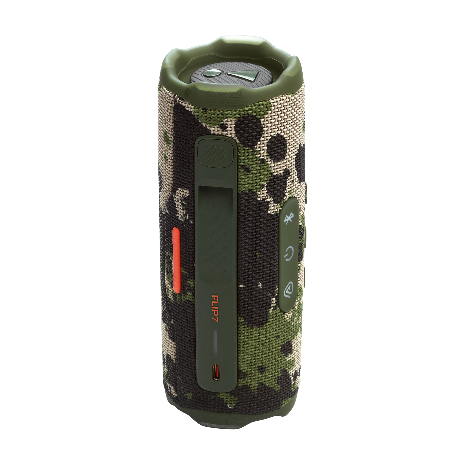 Altavoz con patrón de camuflaje con controles, incluyendo encendido, volumen y puerto de carga.