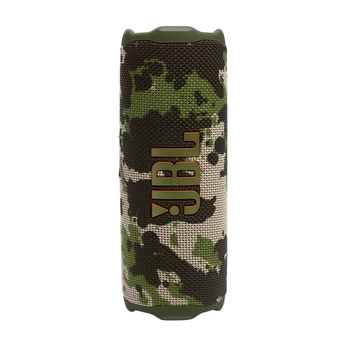 Altavoz JBL con patrón de camuflaje, forma cilíndrica, con logotipo. Fondo negro.