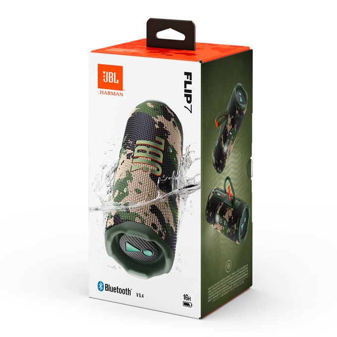 Embalaje del altavoz JBL Flip 7. La caja muestra el diseño de camuflaje, Bluetooth y la marca.
