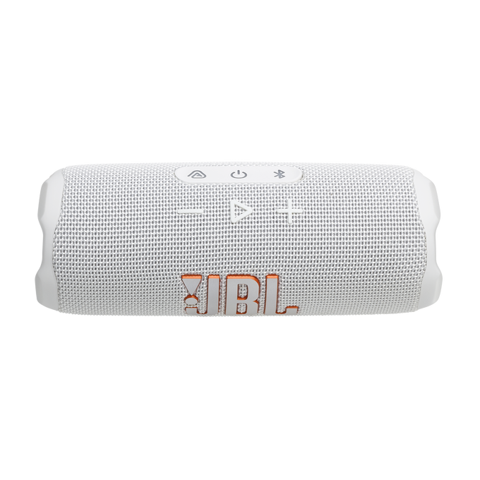 Un altavoz JBL blanco con botones y un logotipo, sobre un fondo negro.