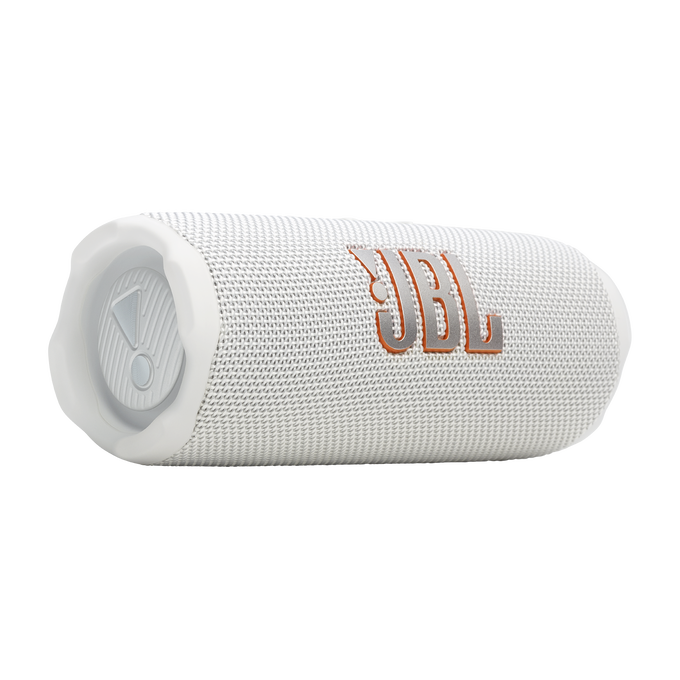Altavoz JBL blanco sobre fondo blanco, con el logotipo de JBL en naranja.