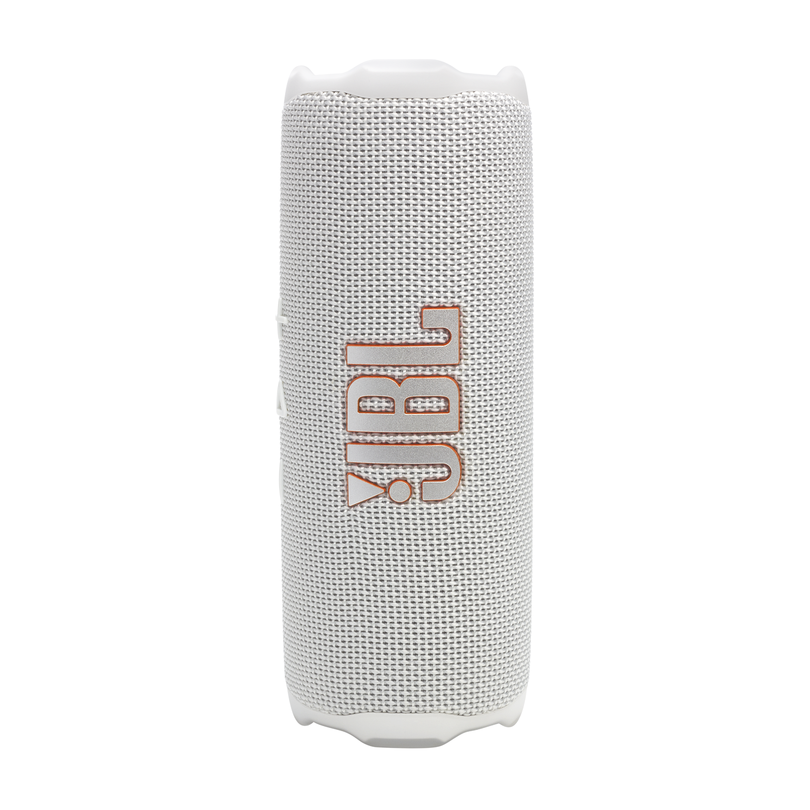 Altavoz JBL blanco con el logo JBL en naranja. Forma cilíndrica con base blanca.