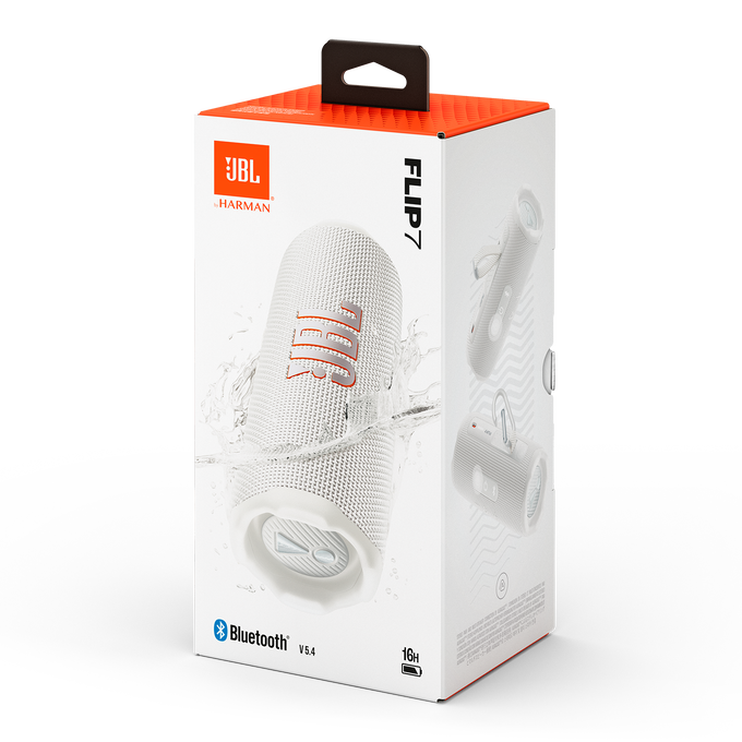 Caja de altavoz JBL Flip 7 en blanco con una imagen de un altavoz.