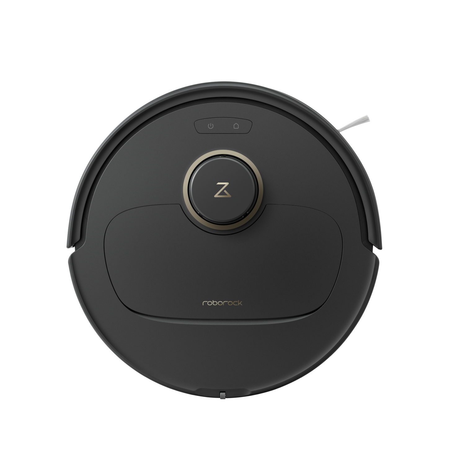 Una aspiradora robot Roborock negra con vista desde arriba.