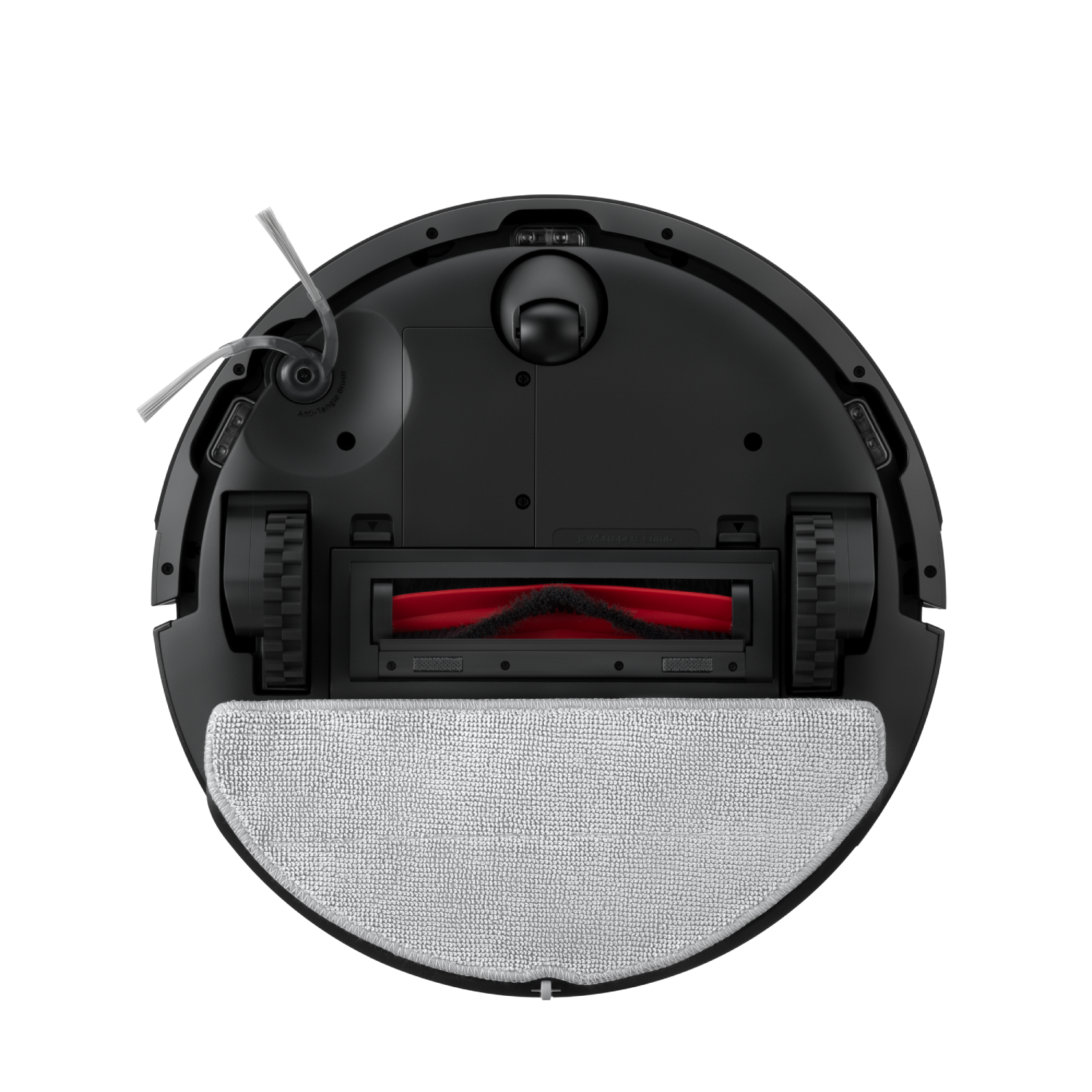 Vista inferior de una aspiradora robot negra con cepillo y almohadilla de limpieza.