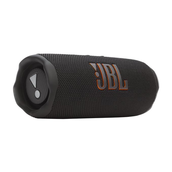 Altavoz JBL negro con logo naranja y botones de control sobre fondo negro.