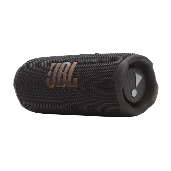 Altavoz JBL Flip 6 negro. Logotipo JBL naranja. Malla negra. Forma cilíndrica.