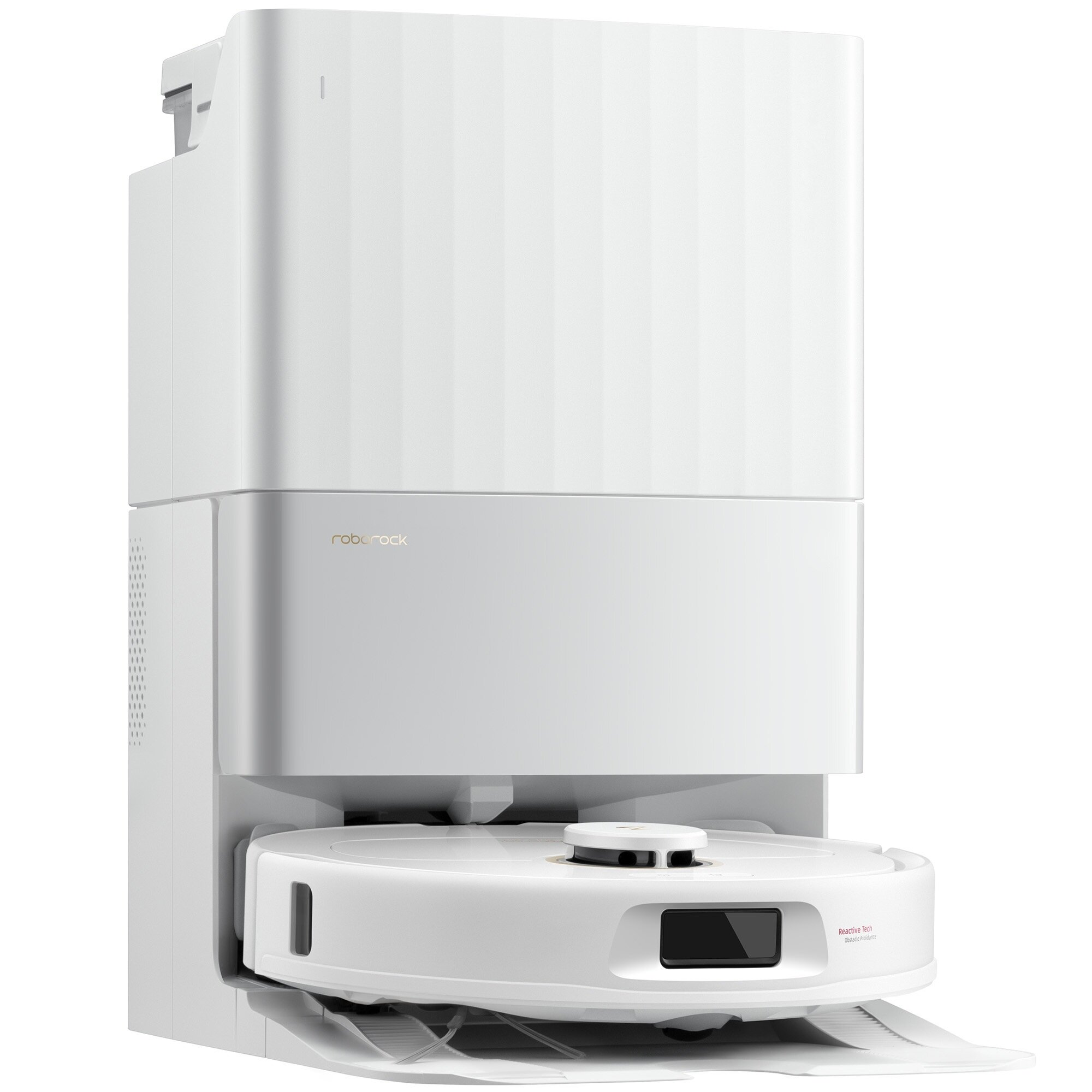 Biały odkurzacz robot Roborock i stacja ładująca, widok z przodu.