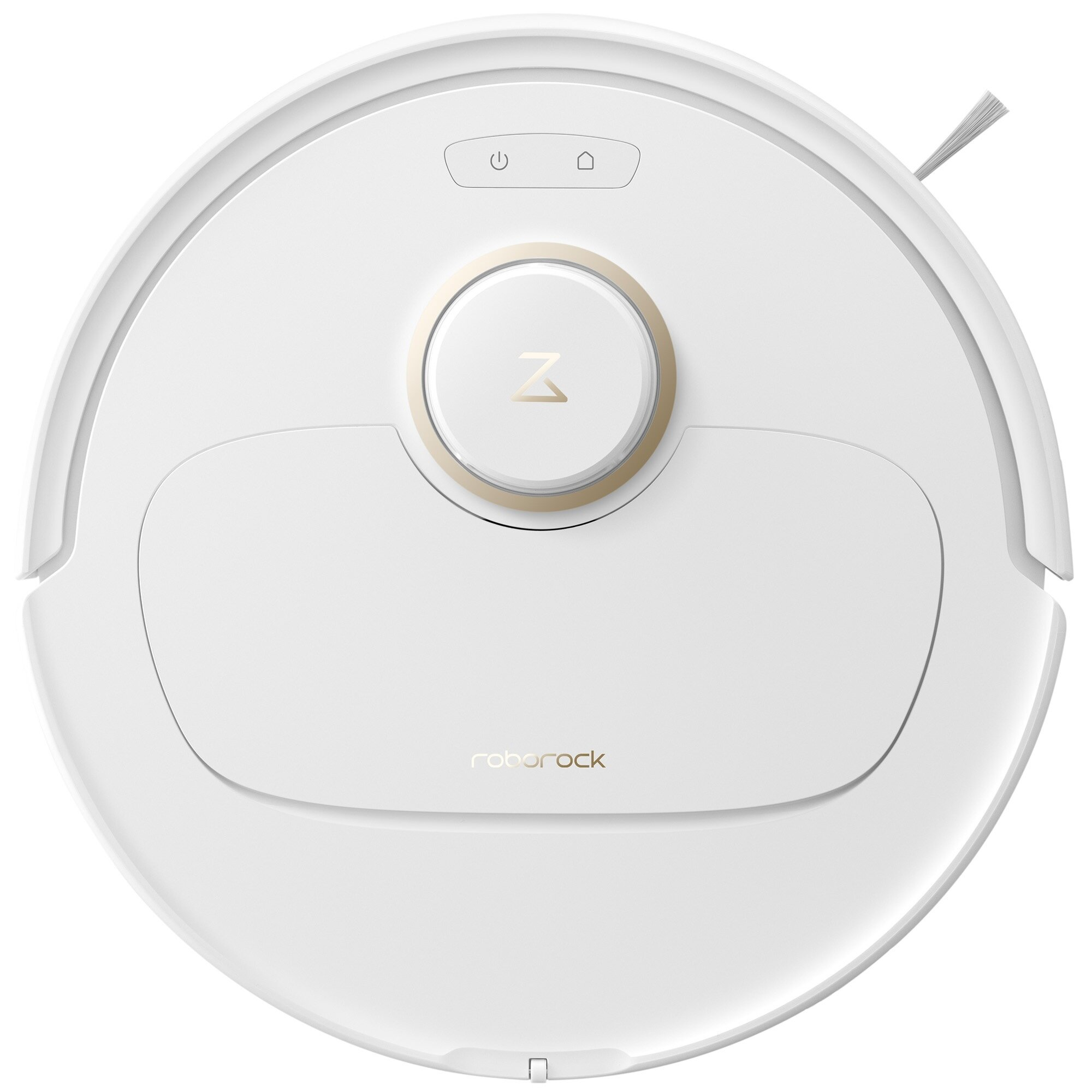 Biały, okrągły robot odkurzający, widok z góry. Posiada centralny przycisk i logo Roborock.