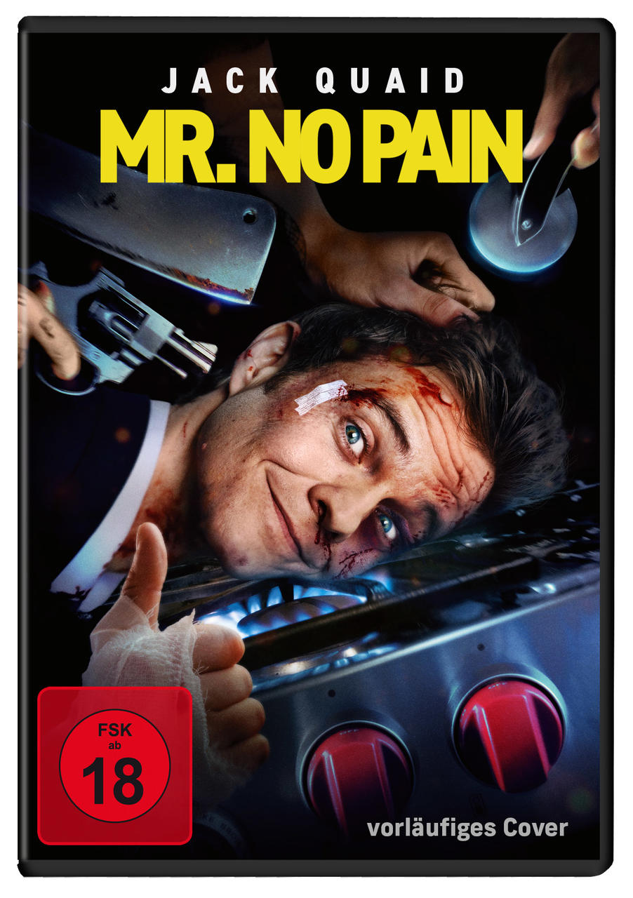 DVD-Cover: Mr. No Pain, Jack Quaid, mit gewalttätigen Bildern.