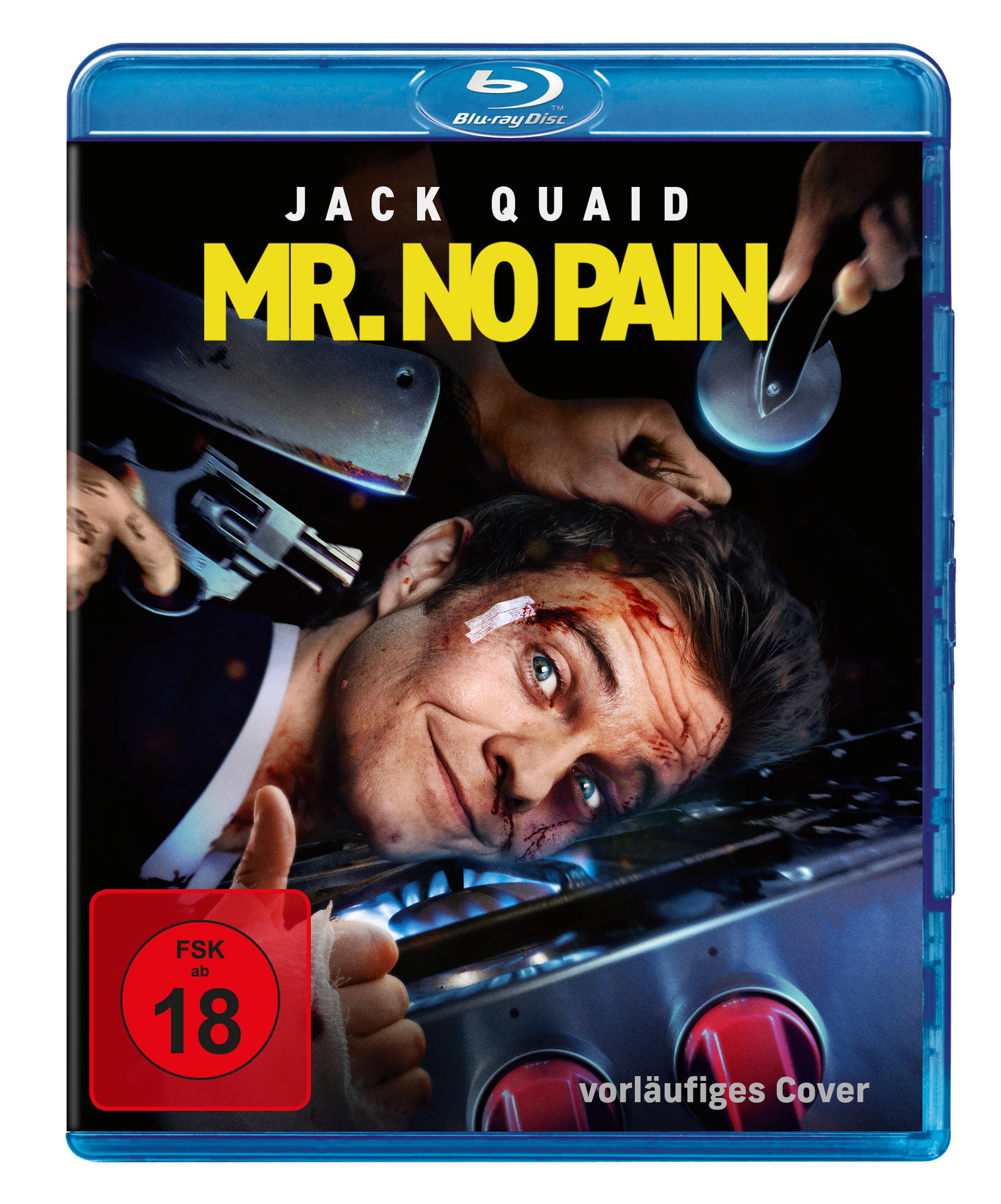 Blu-ray-Cover für „Mr. No Pain“ mit Jack Quaid. Ein Mann liegt verletzt, umgeben von Händen, die Waffen halten.