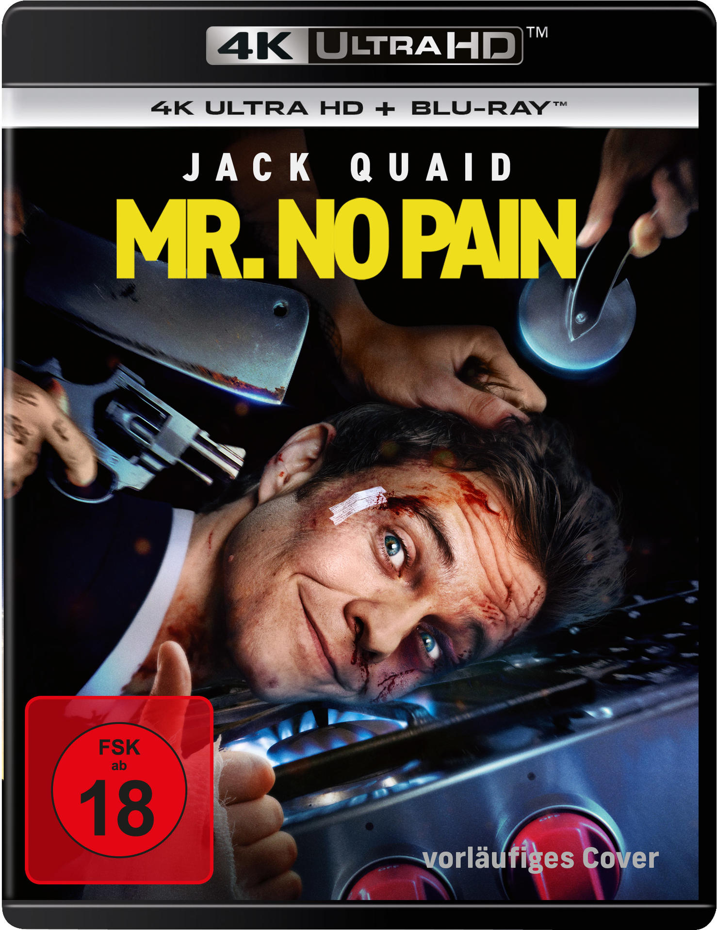 Filmcover: Mann mit Blut im Gesicht, Hände halten Waffen. Text: Mr. No Pain.