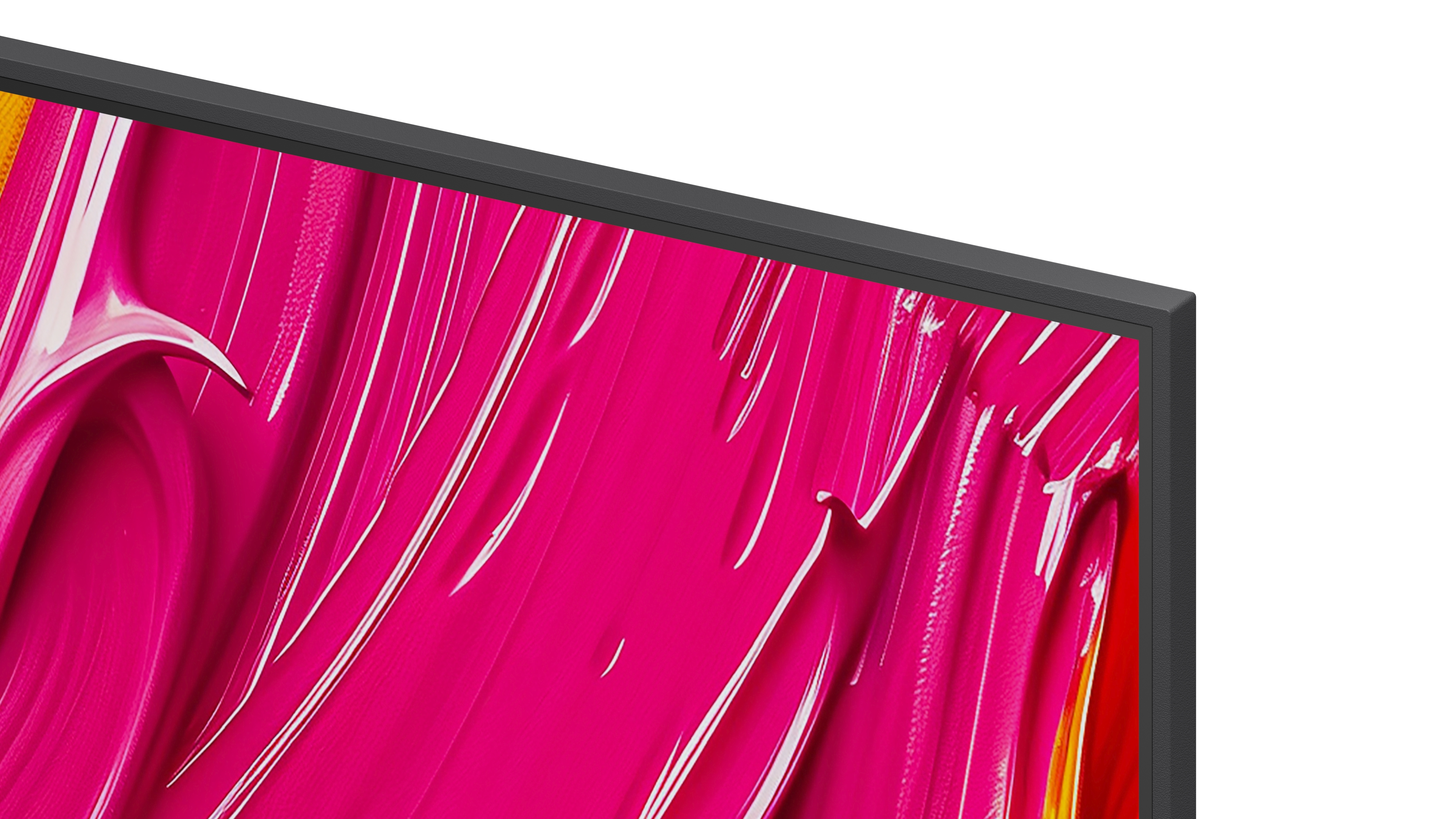 Nahaufnahme eines rosa und weißen abstrakten Gemäldes auf einem schwarzen TV-Rahmen.