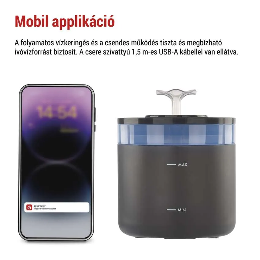 Egy telefon vízszintjelzést jelenít meg egy fekete háziállat-vízforrás mellett, kék víztartállyal.