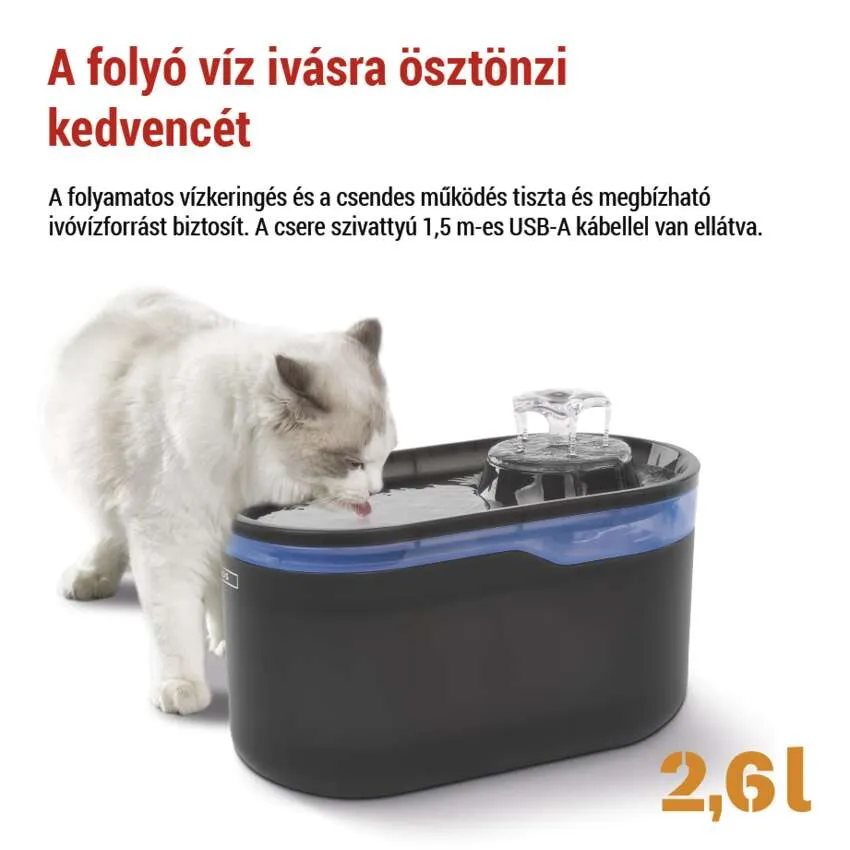 Egy macska vizet iszik egy szökőkútból. A szöveg azt mondja, hogy "2,6l".