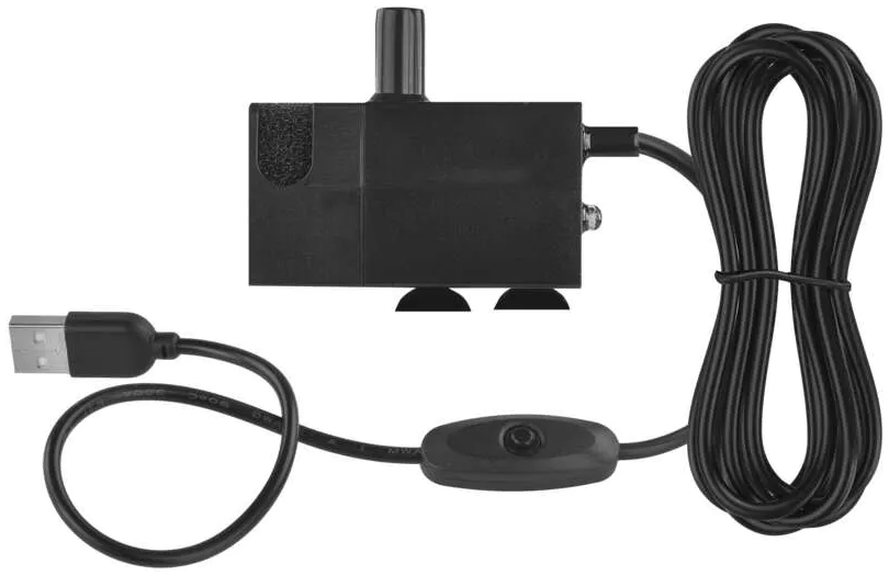 Fekete vízszivattyú szivacs szűrővel, USB kábellel és kapcsolóval.