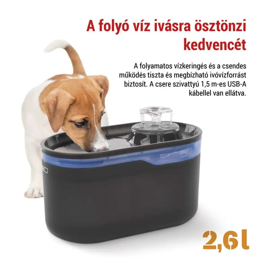Egy kutya iszik egy kisállat-vízforrásból. A forrás fekete és kék. A szöveg a kapacitást jelzi.