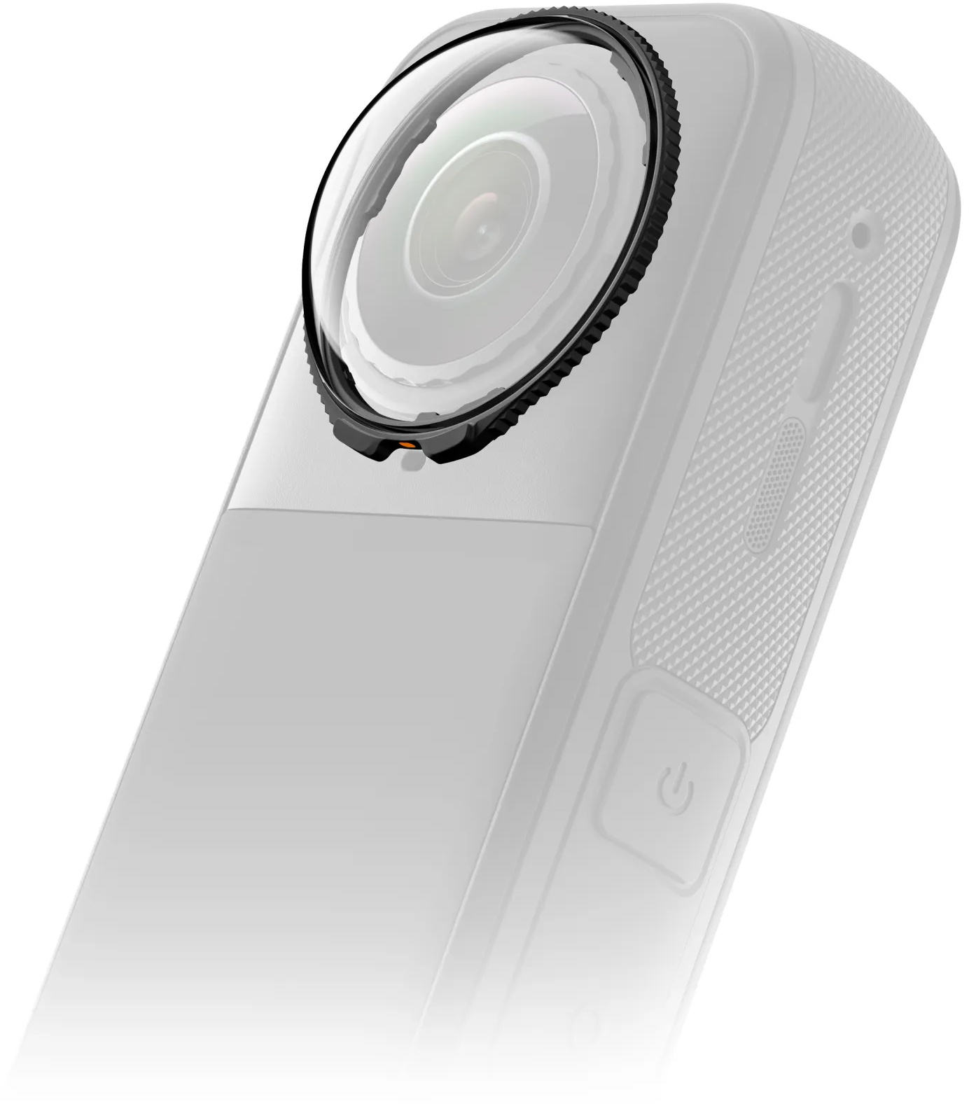 Nahaufnahme einer weißen Action-Kamera. Das Objektiv ist sichtbar, mit einem schwarzen Ring darum.