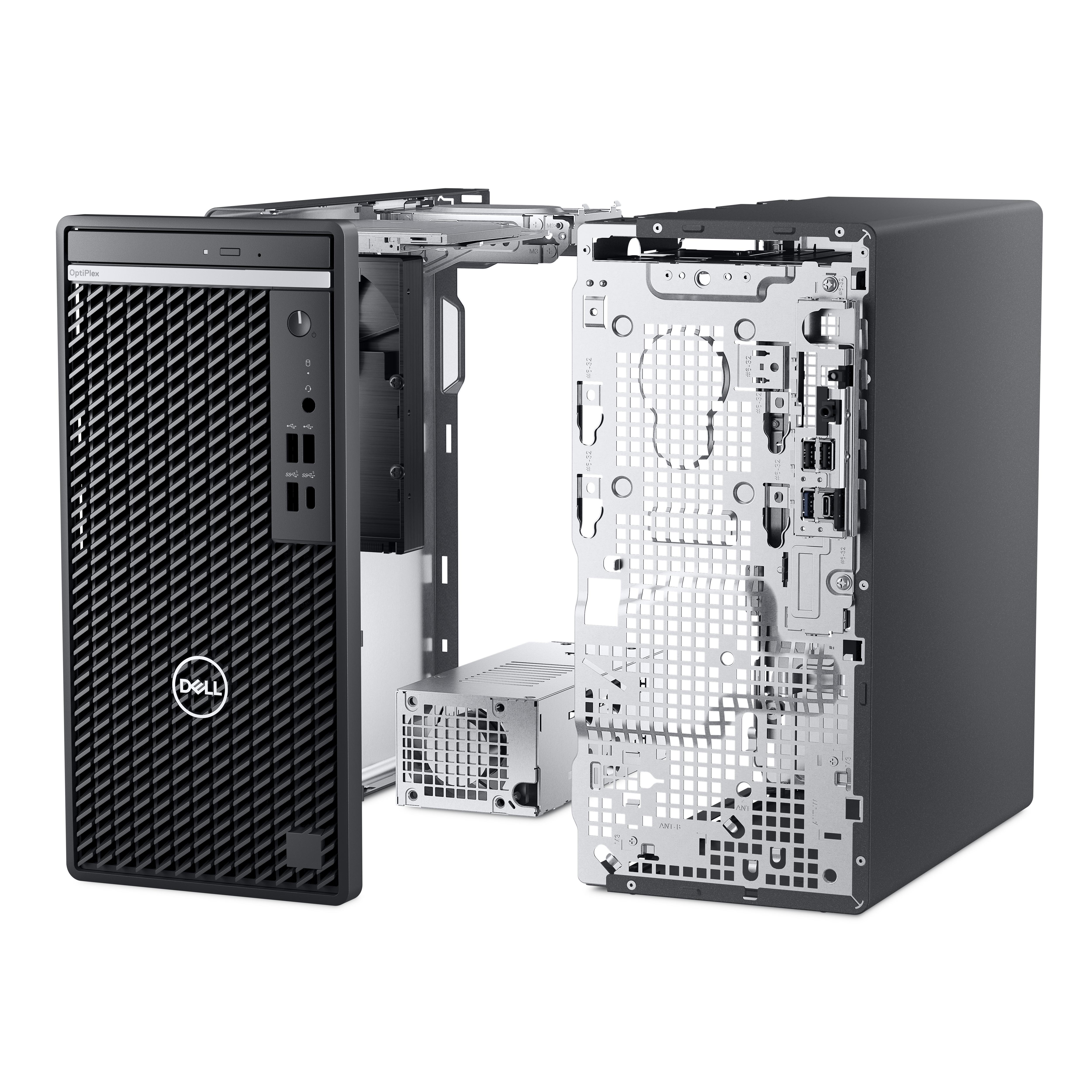 Dell Computer-Tower mit geöffneter Seitenwand, zeigt interne Komponenten.