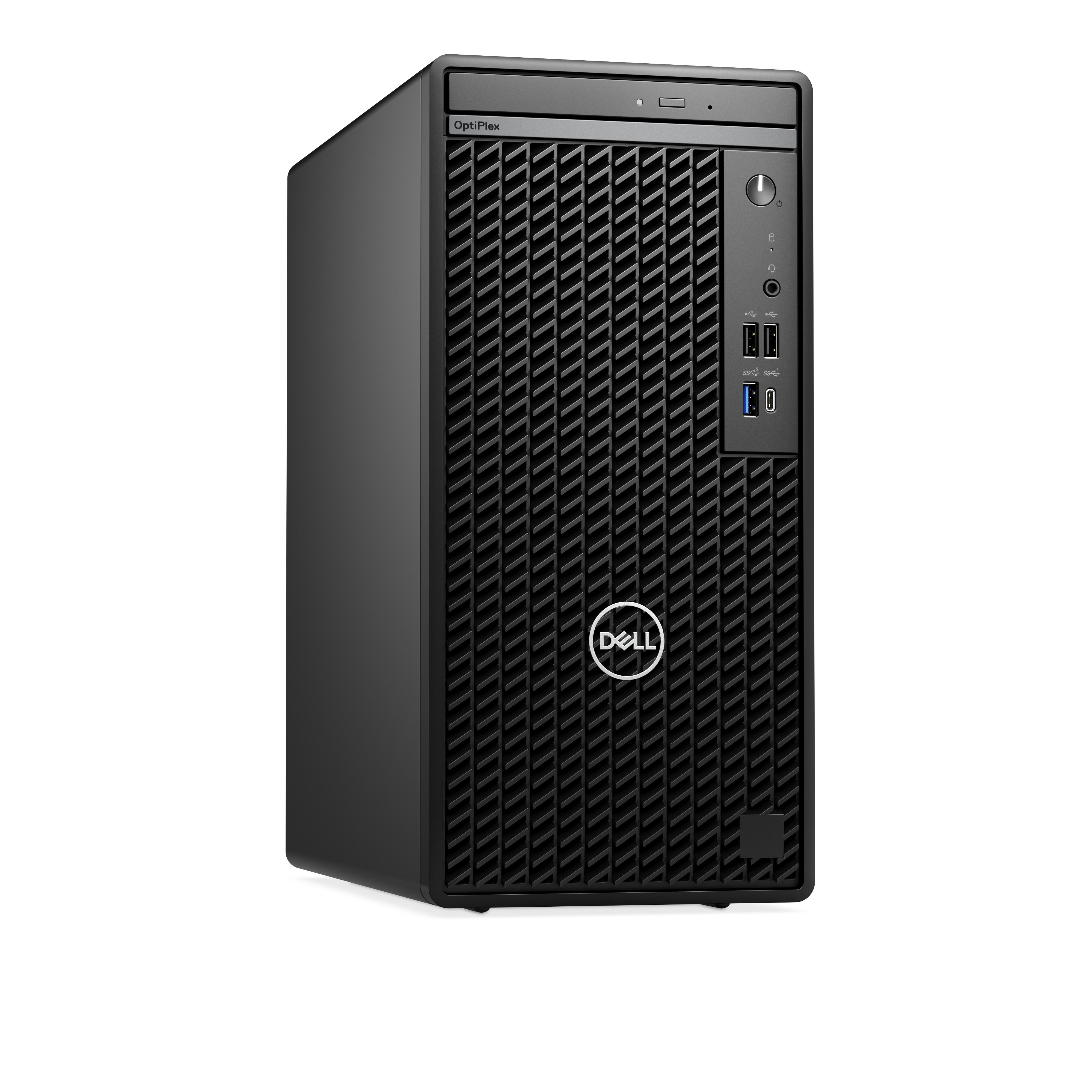 Ein schwarzer Dell OptiPlex Computerturm, abgewinkelt, vor weißem Hintergrund.