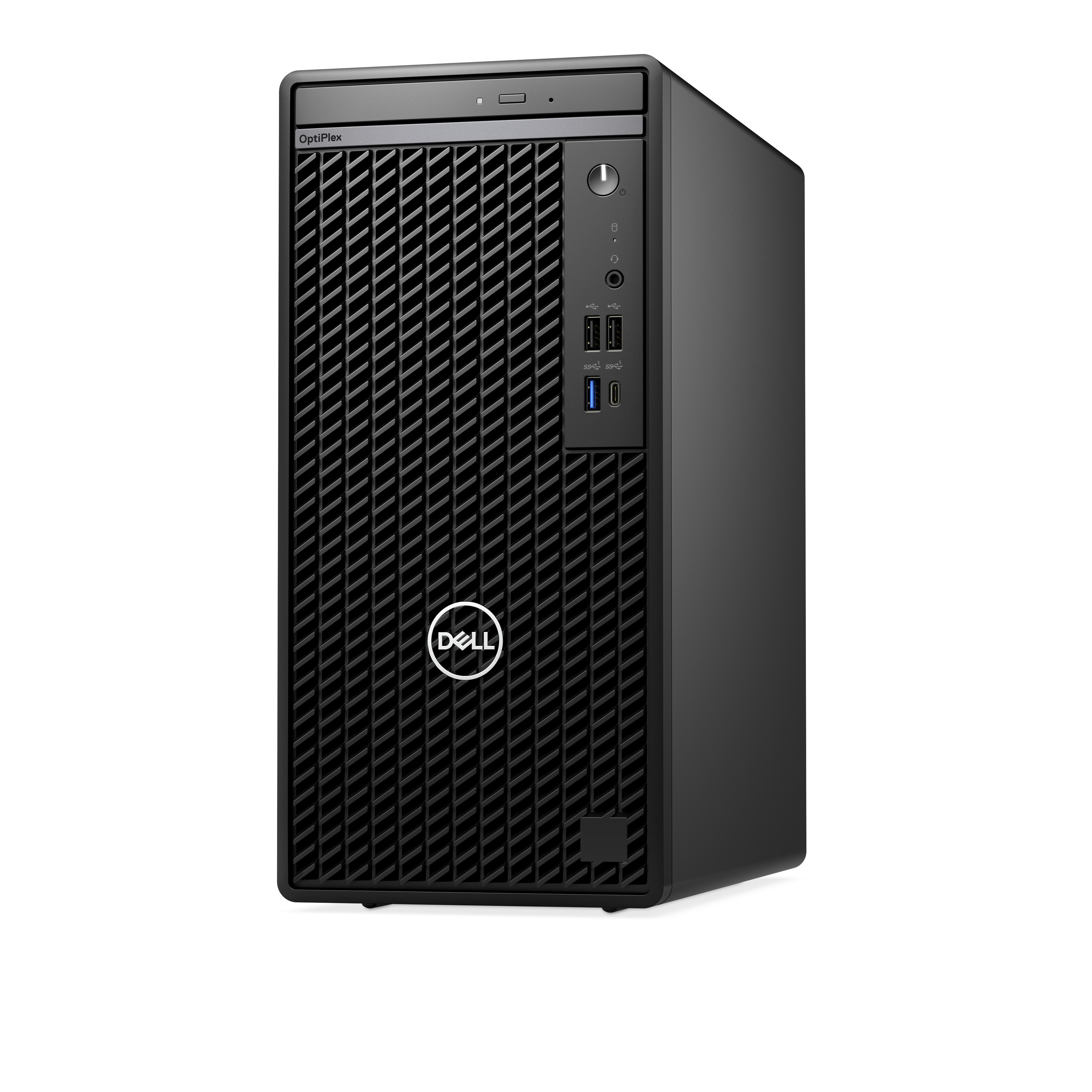 Schwarzer Desktop-Computer. Die Vorderseite des Computers hat Knöpfe und Anschlüsse.