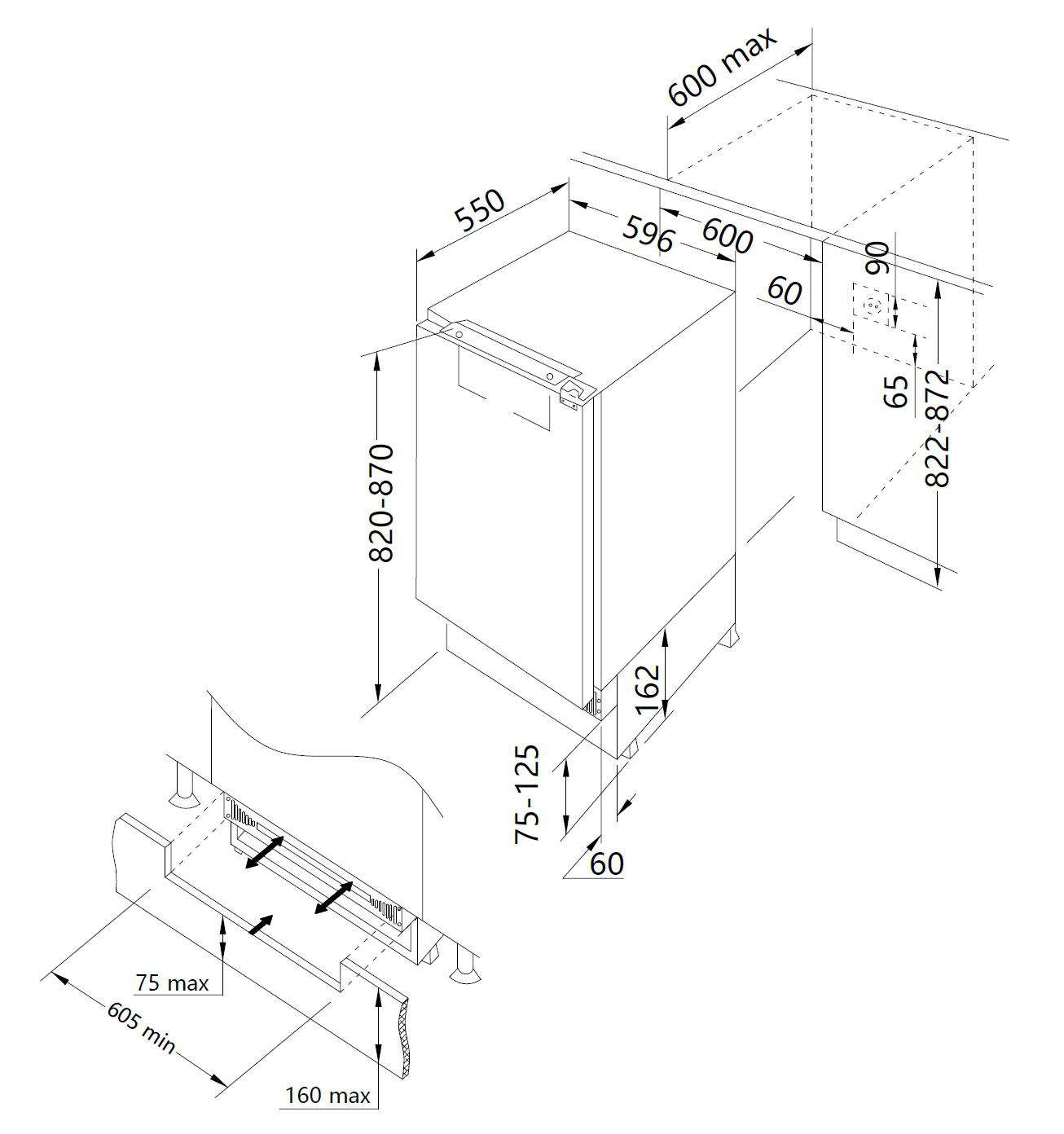 Schematische Zeichnung eines Einbaukühlschranks, mit Maßangaben.