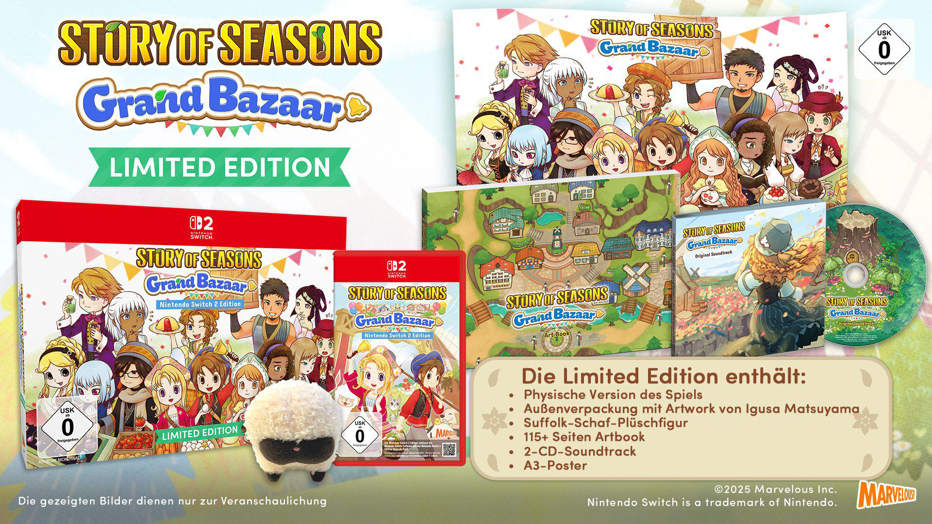 Eine Anzeige des Spiels Story of Seasons: Grand Bazaar Limited Edition. Enthält Spielbox, Artbook, Plüsch und mehr.