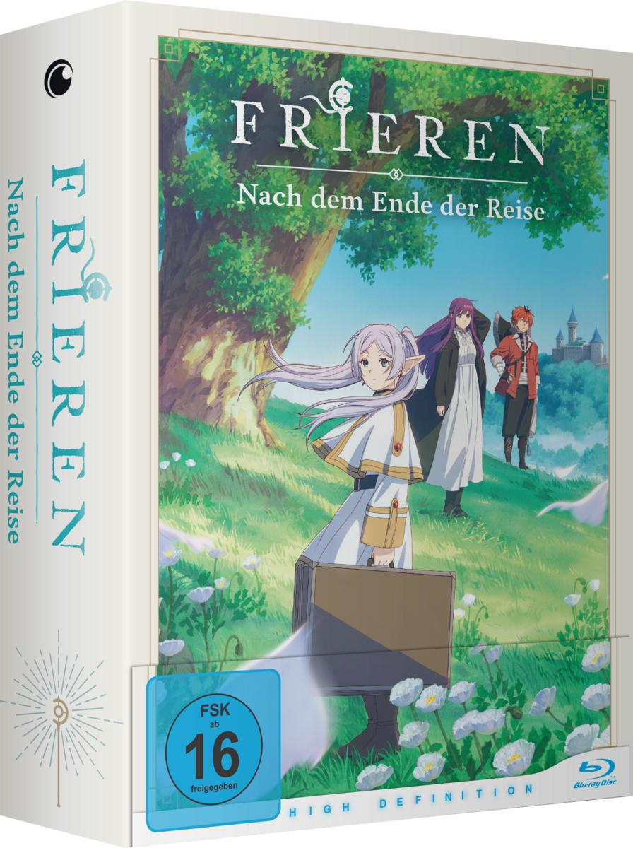 Box-Set des Anime Frieren. Das Cover zeigt eine Frau mit weißen Haaren und zwei weitere Charaktere.