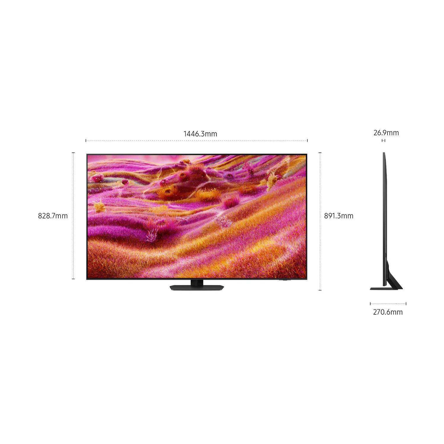 Uno schermo TV con dimensioni visualizzate, che mostra un'immagine colorata.