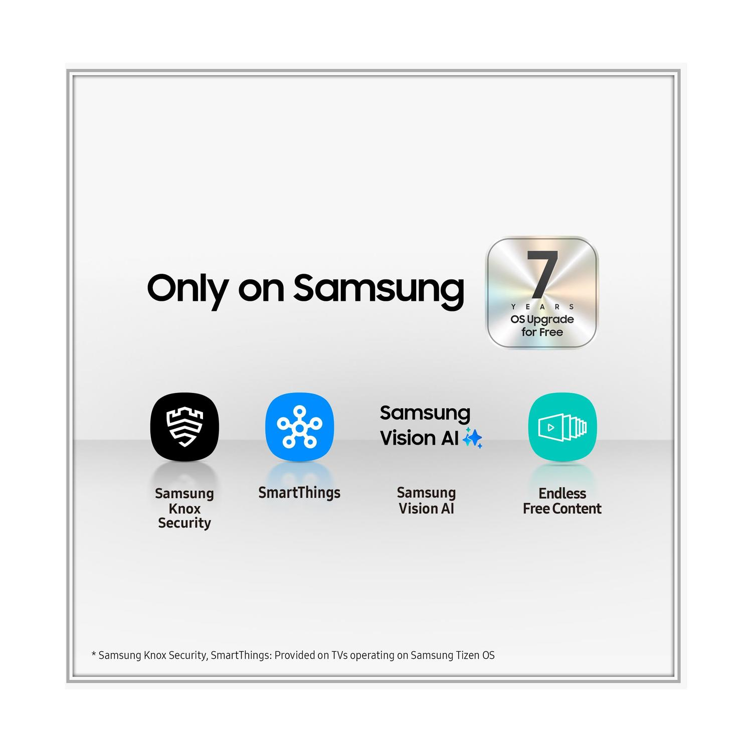 Sfondo bianco con logo Samsung e icone che rappresentano le funzionalità.