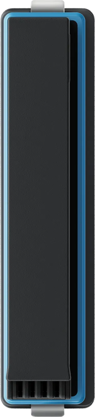 Un appareil noir et bleu de forme rectangulaire allongée, vue latérale.