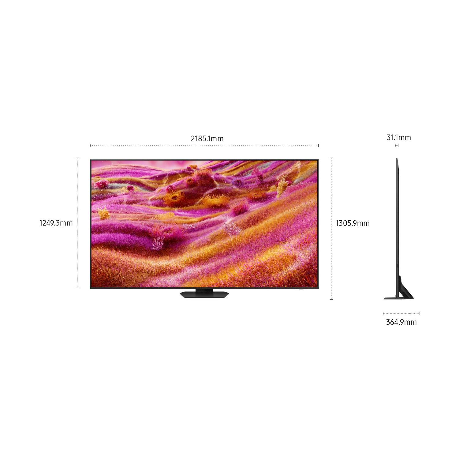 Un grande schermo TV con misure dimensionali. Lo schermo mostra un dipinto astratto e colorato. Include un supporto nero.