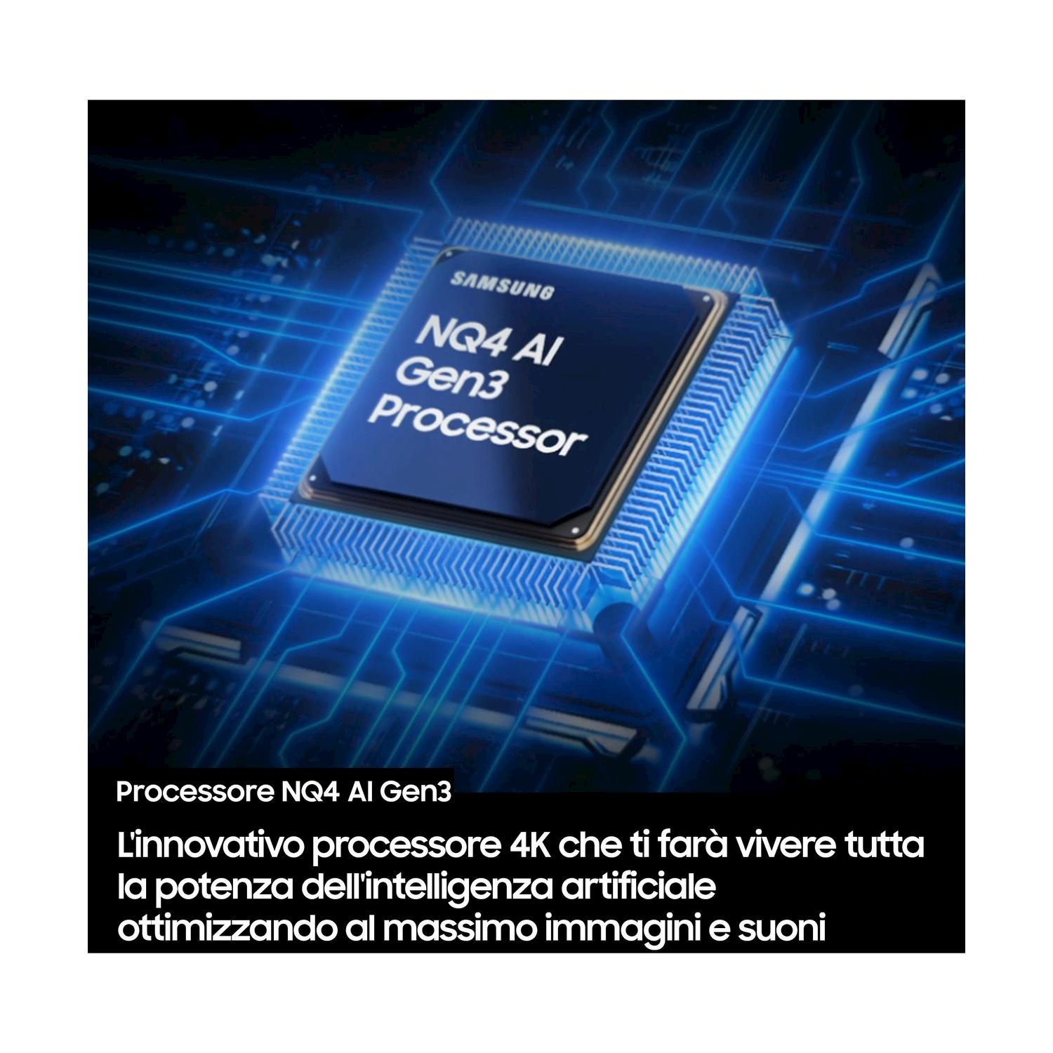 Primo piano di un processore Samsung con linee blu e testo.