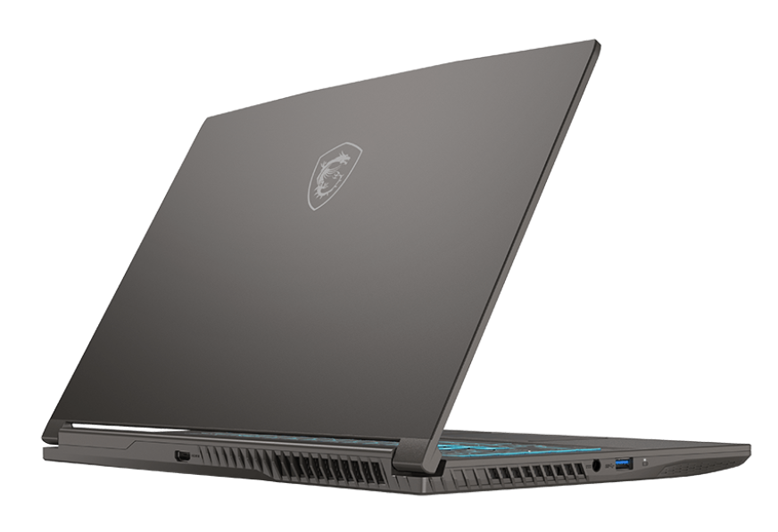 Otwarty laptop, odchylony do tyłu, pokazujący klawiaturę i logo.