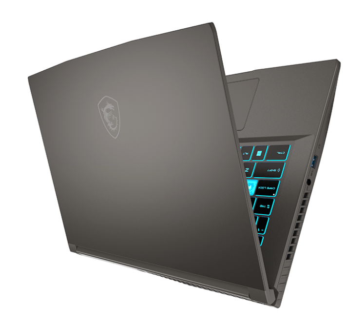 Szary laptop z podświetlaną klawiaturą, częściowo otwarty.