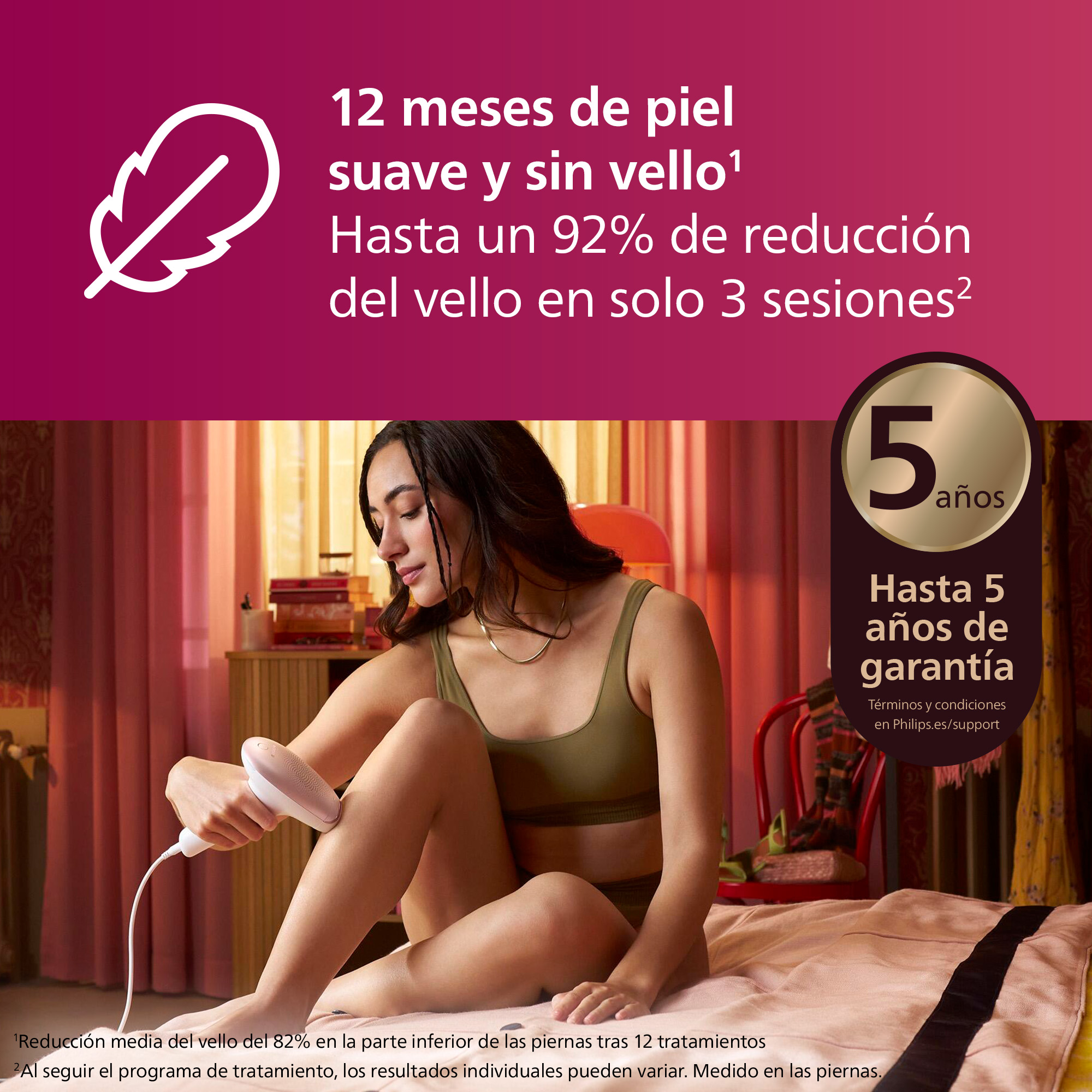 Una mujer usando un dispositivo de depilación en su pierna. También se muestra información sobre el dispositivo.