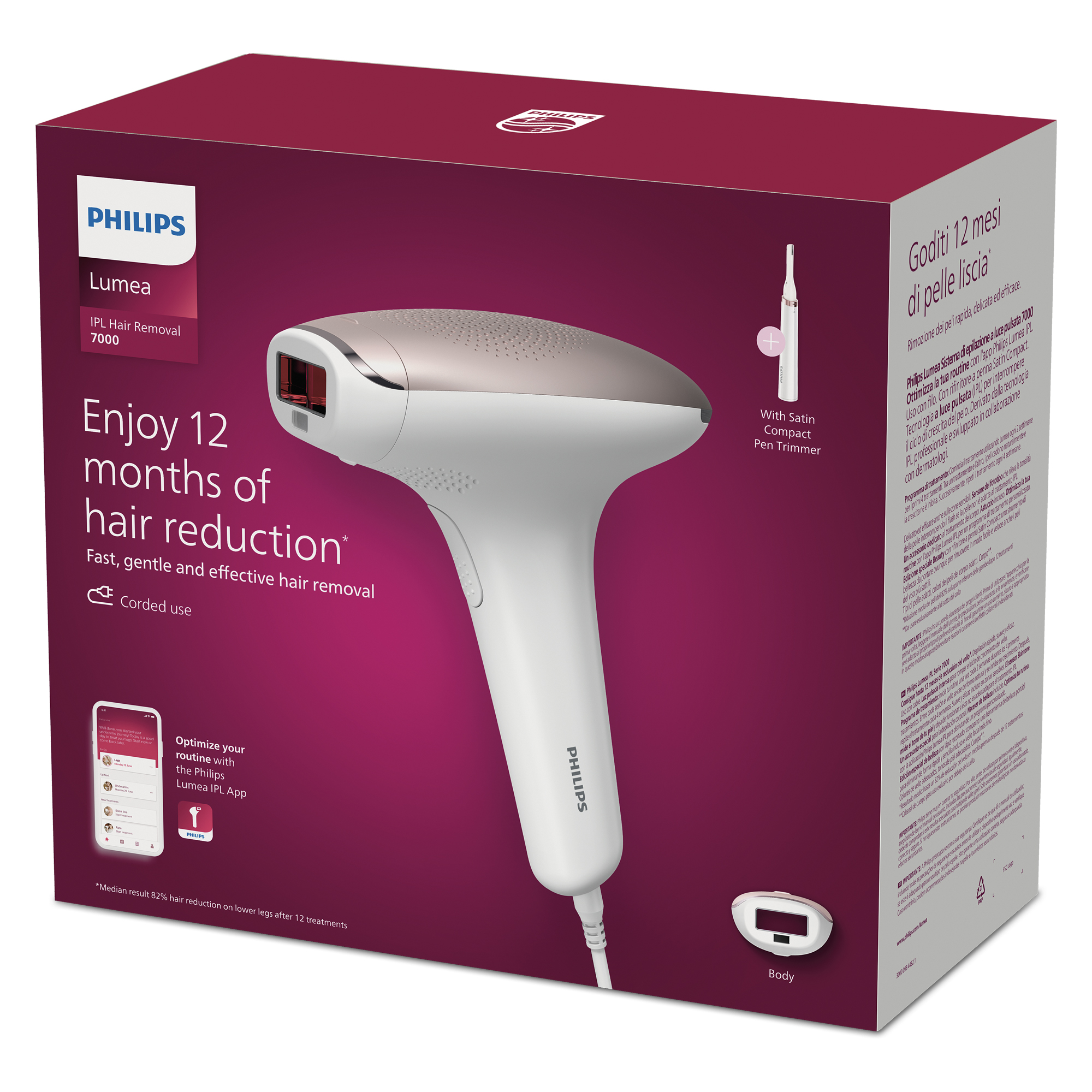 Dispositivo de depilación IPL Philips Lumea en caja, con texto del embalaje y detalles del producto.