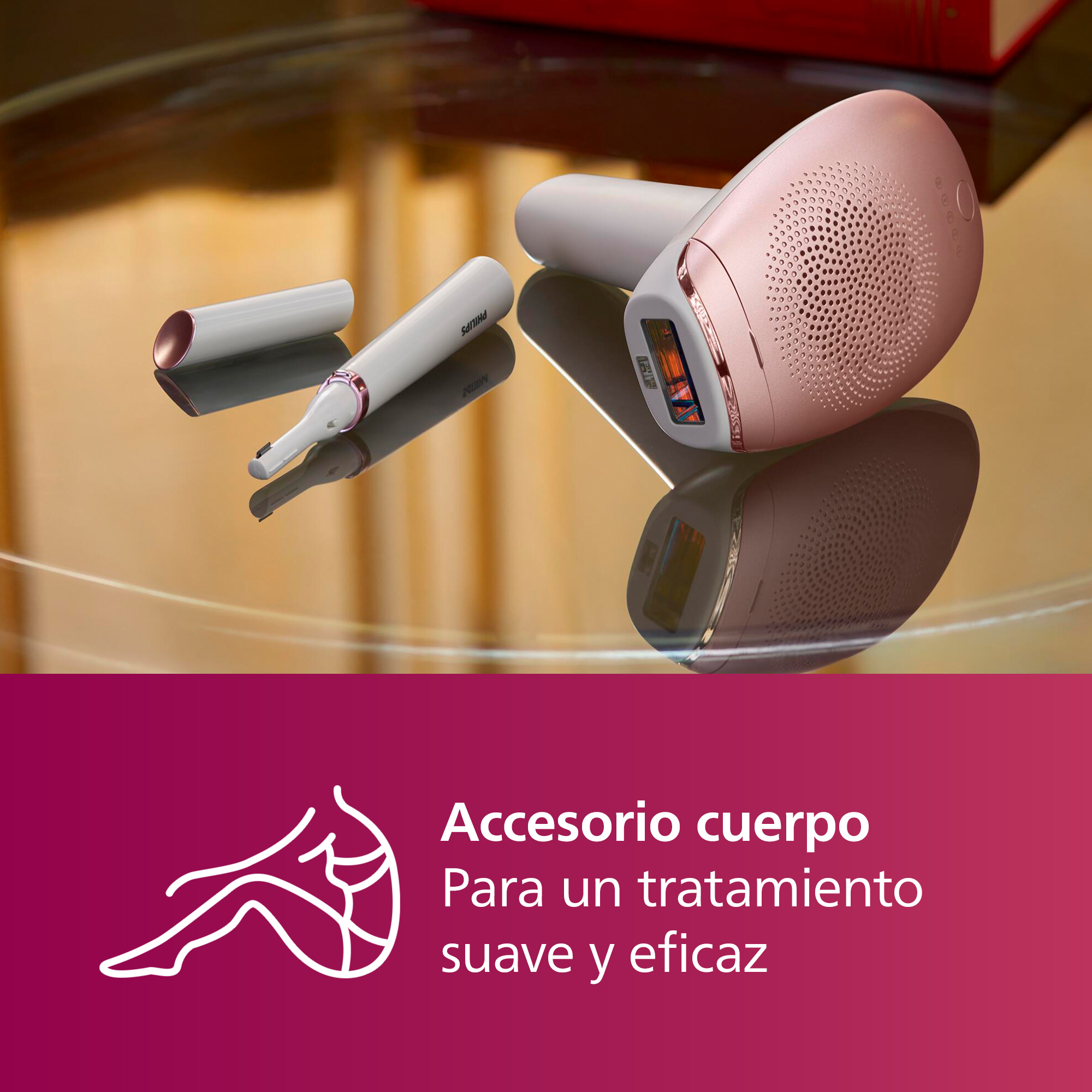 Dispositivo de depilación rosa y blanco con accesorios, con texto 'Accesorios cuerpo'.