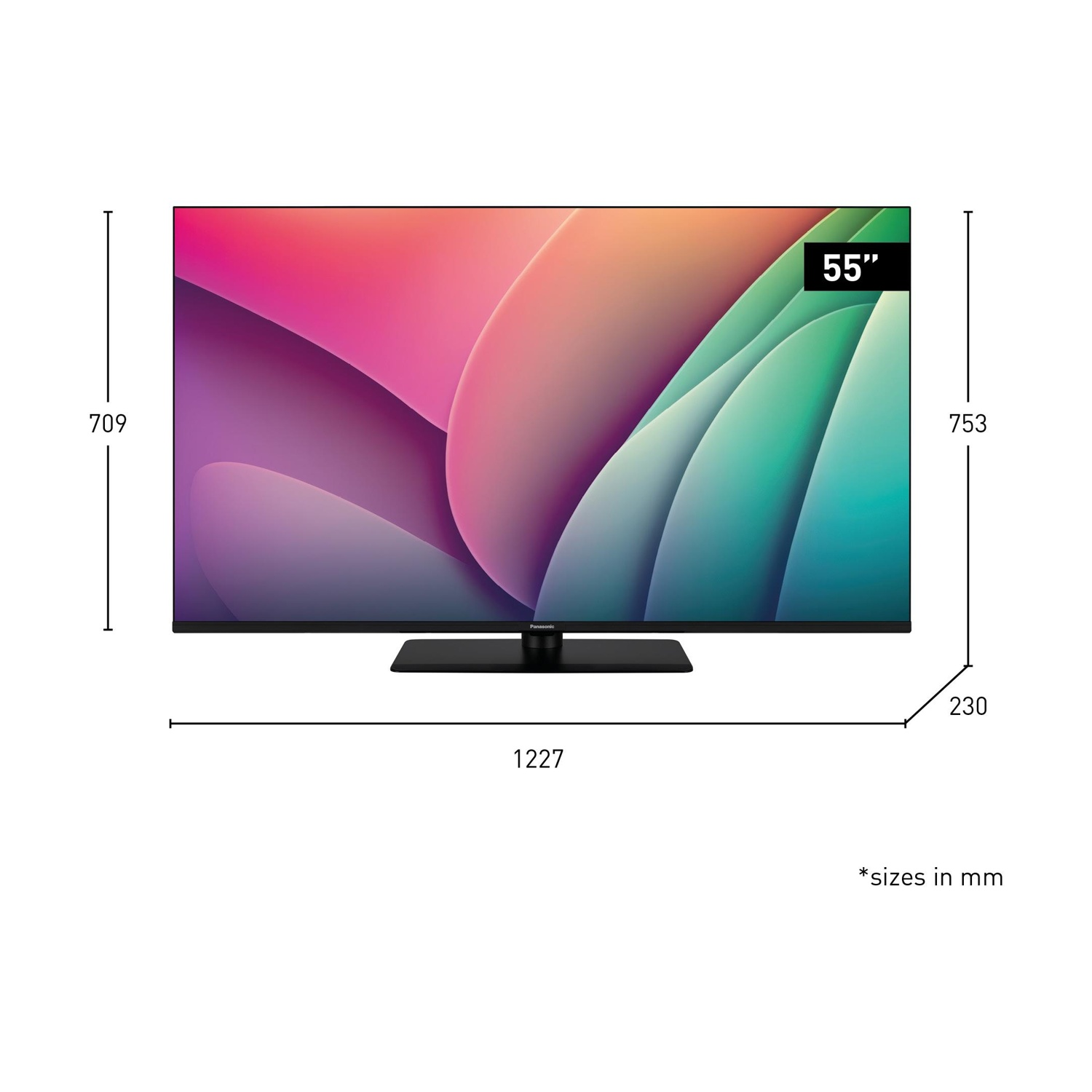 TV da 55 pollici con arte astratta sullo schermo. Dimensioni in mm. Supporto nero.