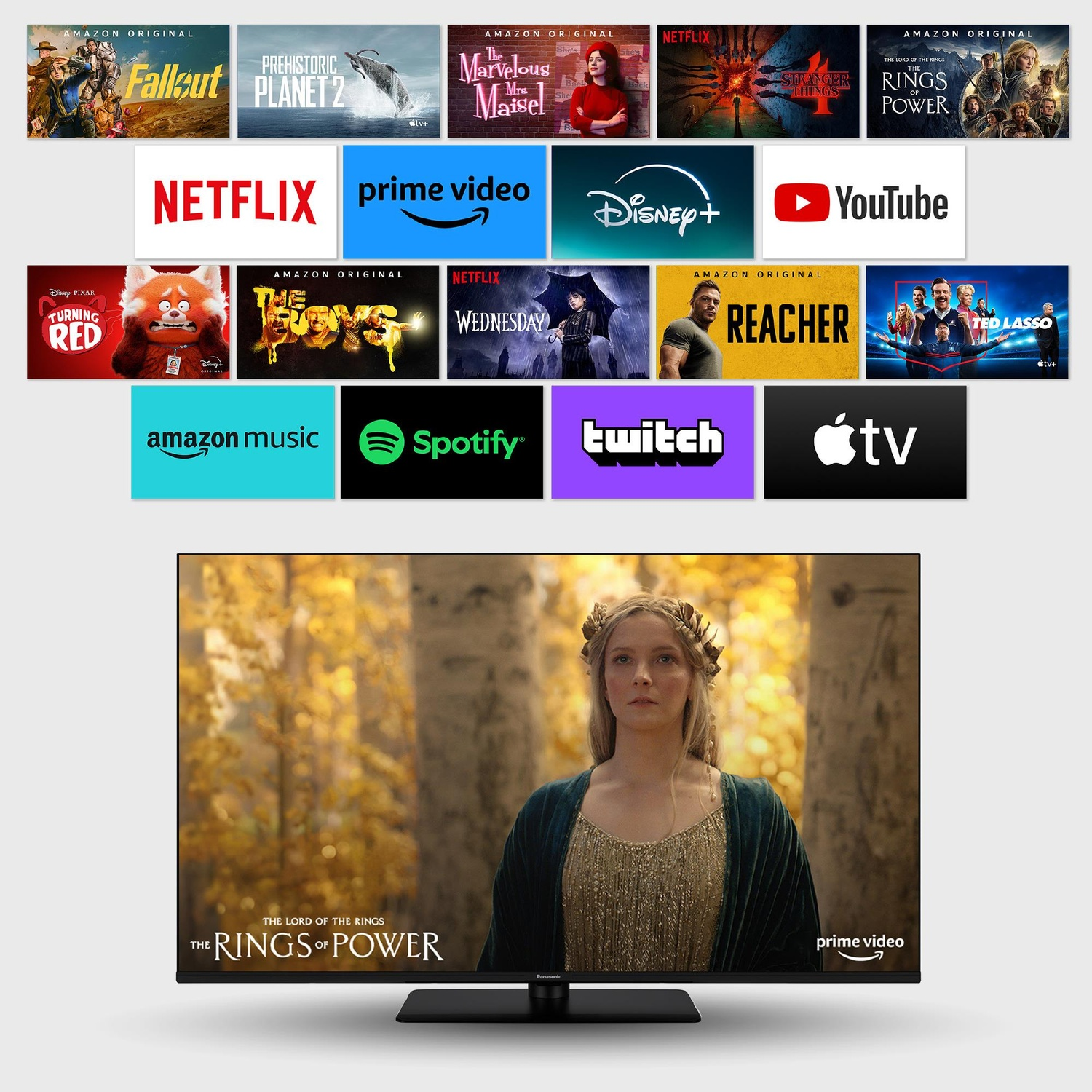 Schermo TV che mostra contenuti da più servizi e canali di streaming. Loghi visibili.