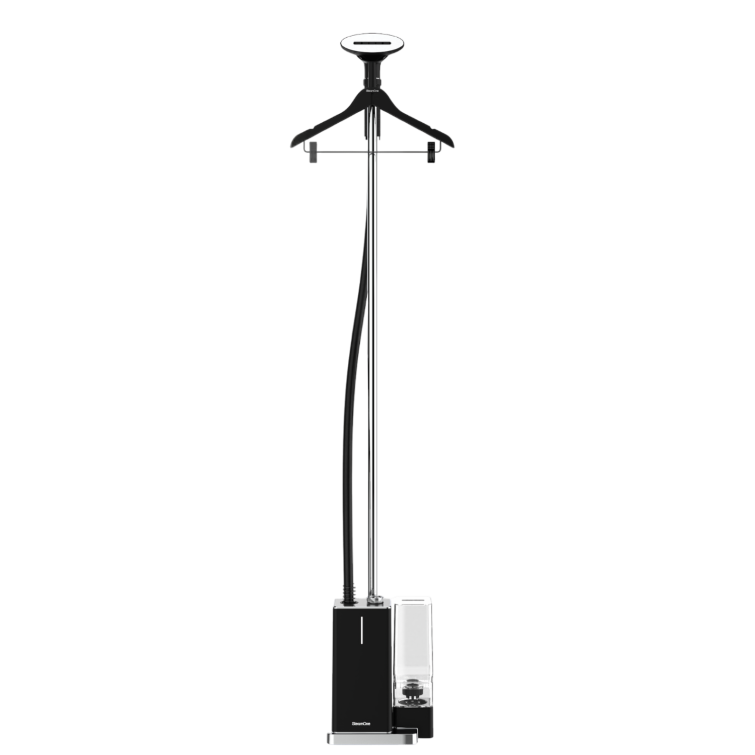 Zwarte en zilveren kledingstomer met hanger. Witte watertank.