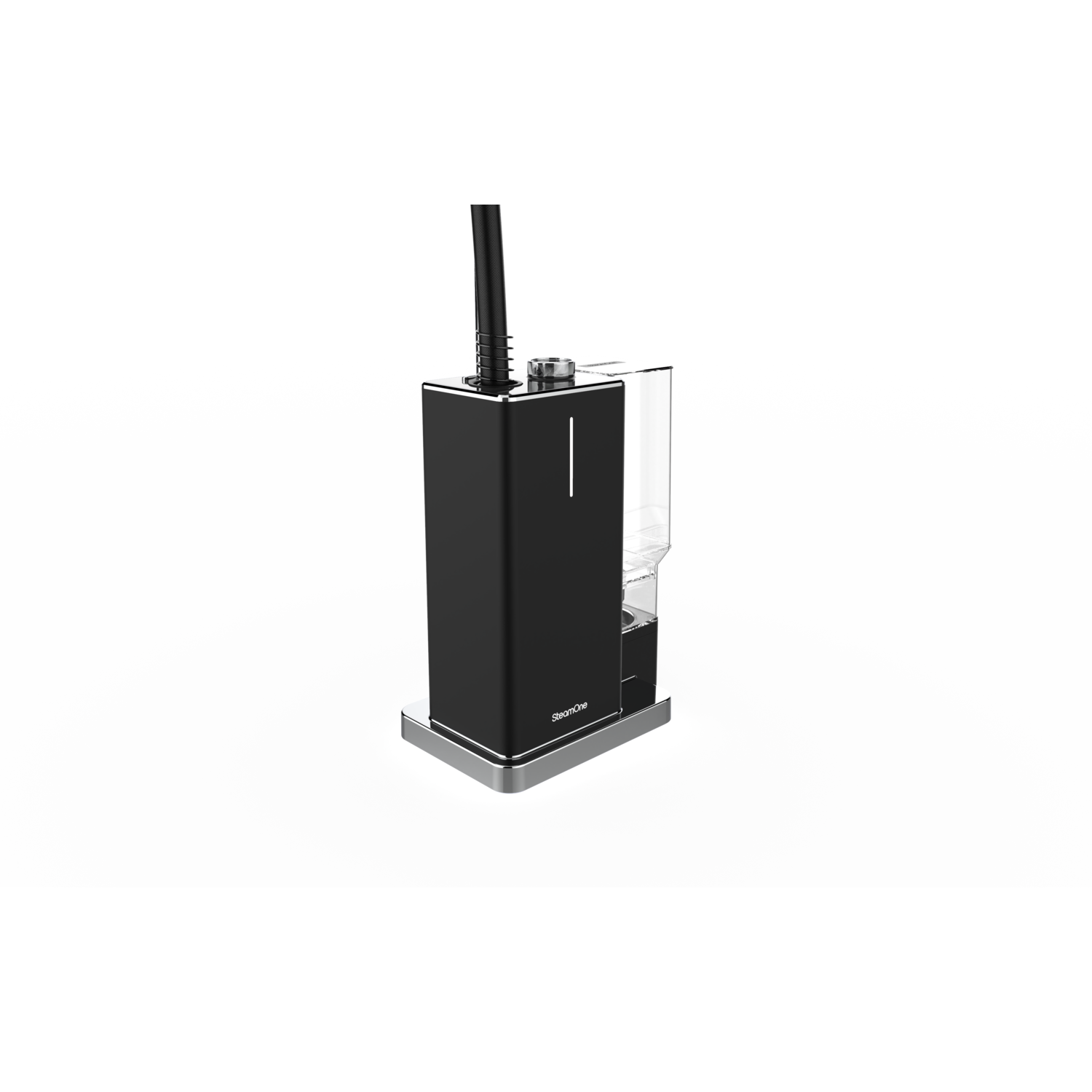 Een zwarte luchtreiniger met een zilveren basis en een transparante watertank, op een wit oppervlak.