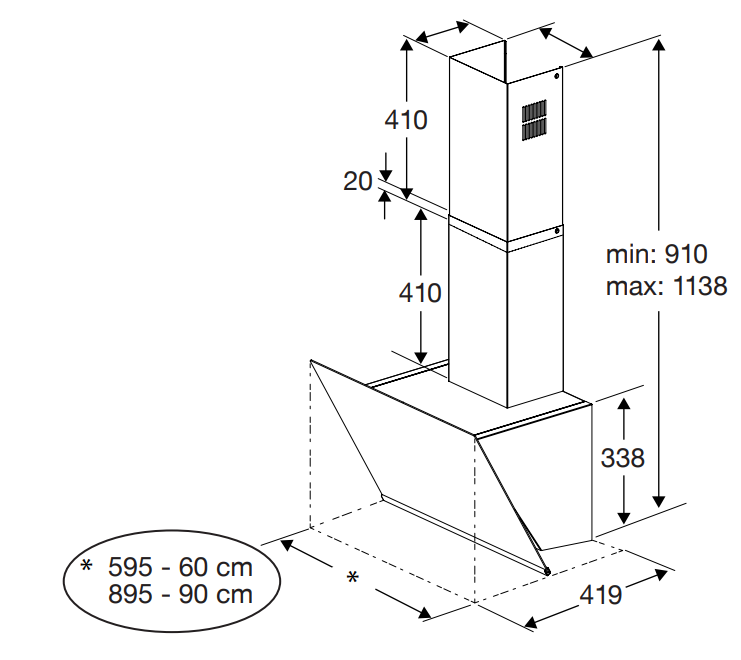 Konyhai páraelszívó diagramja méretekkel és centiméterben megadott méretekkel.
