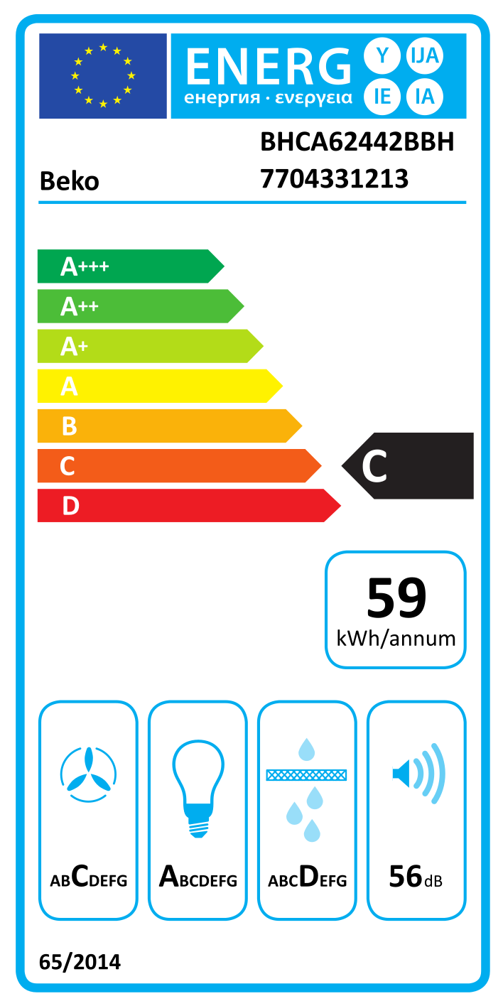 Beko készülék energia címkéje, C energiahatékonysági osztállyal és egyéb részletekkel.