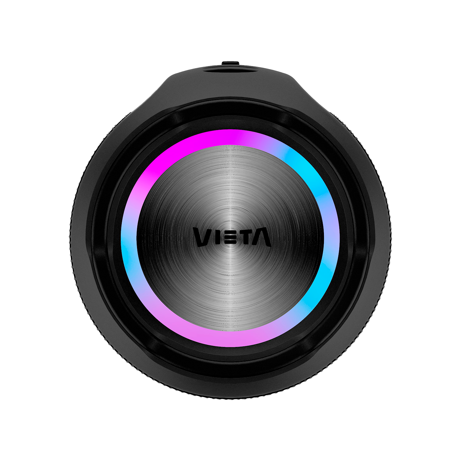 Un altavoz negro tiene una luz LED circular que cambia de color. La palabra VISTA está en el centro.