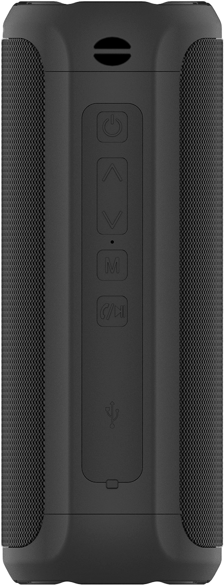 Altavoz negro con botones de encendido, volumen y función, puerto USB visible.