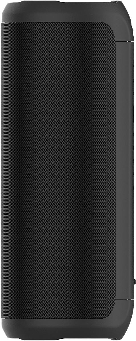 Un altavoz negro con una parte frontal de malla y un marco gris oscuro.